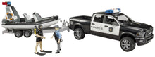 Load image into Gallery viewer, Bruder RAM 2500 Police Pick-Up & Tralier with Boat & 2 Figures