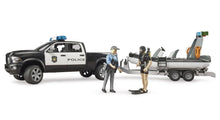 Load image into Gallery viewer, Bruder RAM 2500 Police Pick-Up & Tralier with Boat & 2 Figures