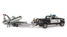 Load image into Gallery viewer, Bruder RAM 2500 Police Pick-Up & Tralier with Boat & 2 Figures