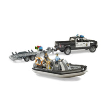 Load image into Gallery viewer, Bruder RAM 2500 Police Pick-Up & Tralier with Boat & 2 Figures