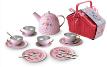 Load image into Gallery viewer, Floral Tin Tea Set in Picnic Basket