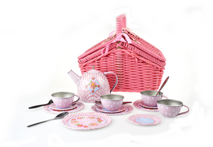 Floral Tin Tea Set in Picnic Basket