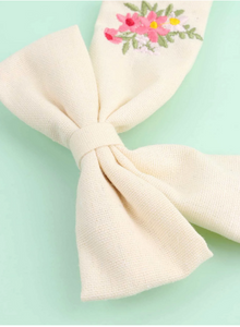 Cream Linen Embroided Hair Bow