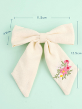 Load image into Gallery viewer, Cream Linen Embroided Hair Bow
