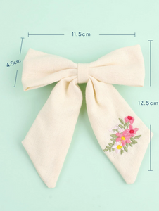 Cream Linen Embroided Hair Bow