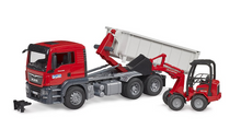 Load image into Gallery viewer, Bruder Construction MAN TGS Truck with Roll-off Container &amp; Schaeff Compact Loader
