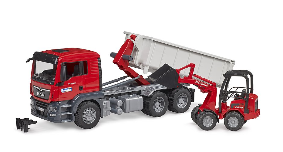 Bruder Construction MAN TGS Truck with Roll-off Container & Schaeff Compact Loader