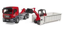Load image into Gallery viewer, Bruder Construction MAN TGS Truck with Roll-off Container &amp; Schaeff Compact Loader
