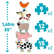 Load image into Gallery viewer, Djeco Honore &amp; Friends Progressive Puzzle 9, 12 &amp; 15 Piece
