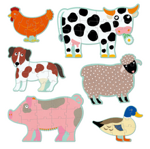 Load image into Gallery viewer, Djeco Honore &amp; Friends Progressive Puzzle 9, 12 &amp; 15 Piece
