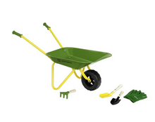 Load image into Gallery viewer, John Deere Metal Wheelbarrow Set with Gloves, Rake, Shovel and Spade
