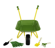Load image into Gallery viewer, John Deere Metal Wheelbarrow Set with Gloves, Rake, Shovel and Spade
