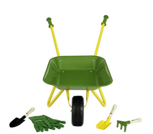 John Deere Metal Wheelbarrow Set with Gloves, Rake, Shovel and Spade