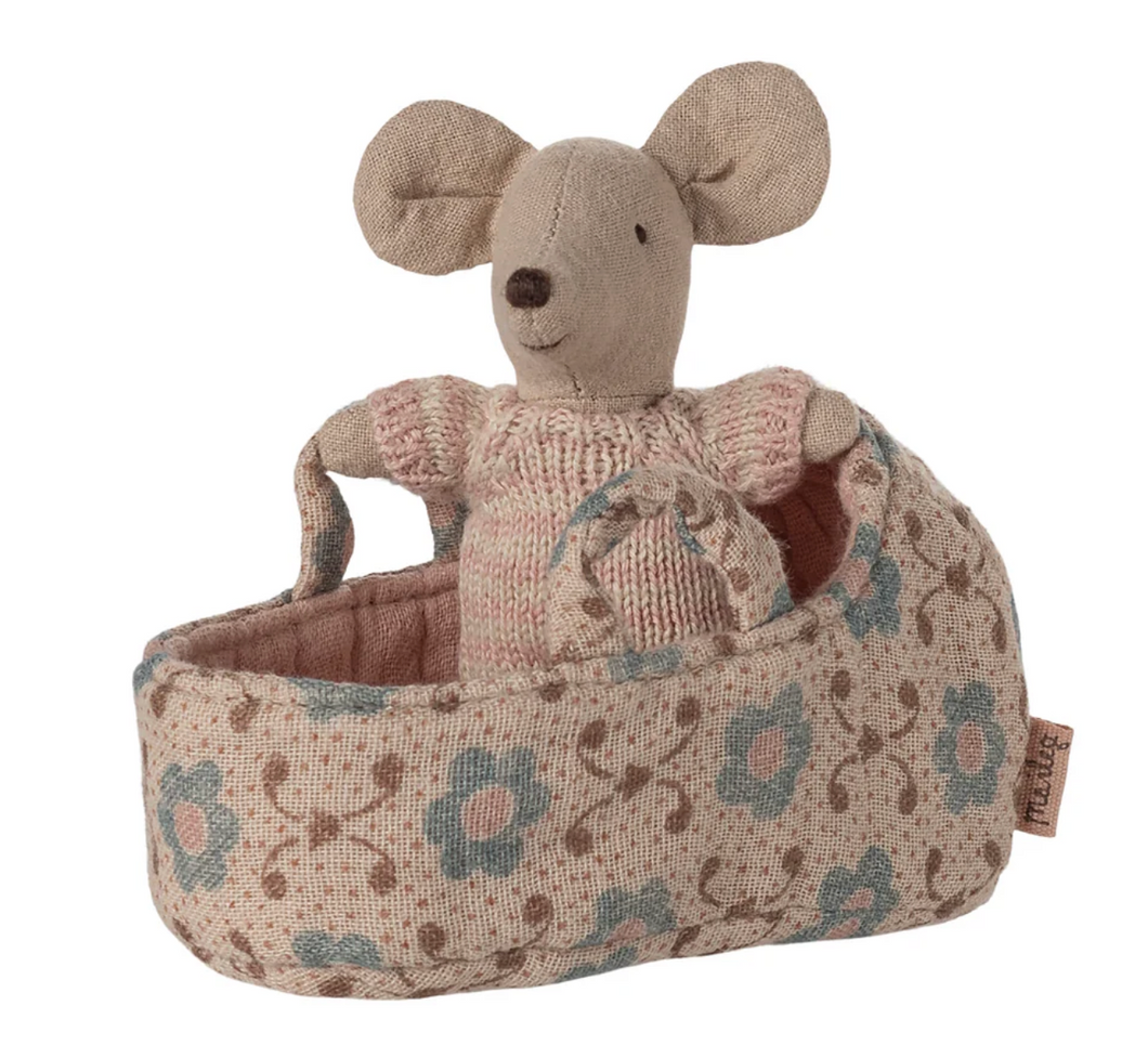 Maileg Baby Mouse in Carry Cot Rose
