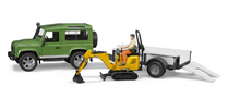 Load image into Gallery viewer, Bruder Land Rover Defender with Axle Trailer &amp; JCB Micro Excavator
