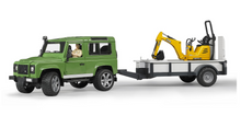 Load image into Gallery viewer, Bruder Land Rover Defender with Axle Trailer &amp; JCB Micro Excavator
