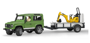 Bruder Land Rover Defender with Axle Trailer & JCB Micro Excavator